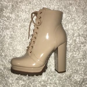 High Heeled Patent Leather Combat Boot, Nude